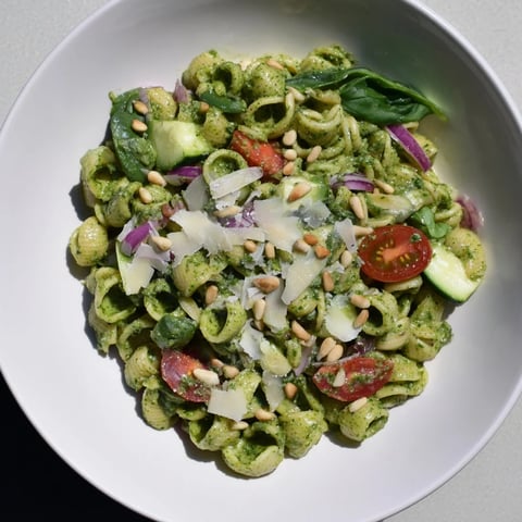 Close-up of Caesar Pesto Ditalini Salad, a flavorful pasta salad with fresh ingredients.