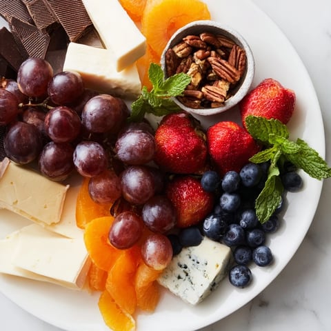 A festive Grapes of Fortune dessert board with colorful grapes and an assortment of treats.