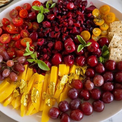 Crimson & Gold Gala, a vibrant appetizer platter with ruby-red cherries and creamy, golden cheeses.