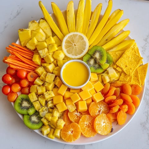 A vibrant 57, Sunny Yellow Citrus Burst grazing board showcasing fresh fruits, cheeses, and tangy lemon curd.
