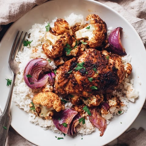 Golden roasted cauliflower florets and seasoned chicken thighs on a sheet pan, garnished with fresh parsley and served over fluffy rice.  