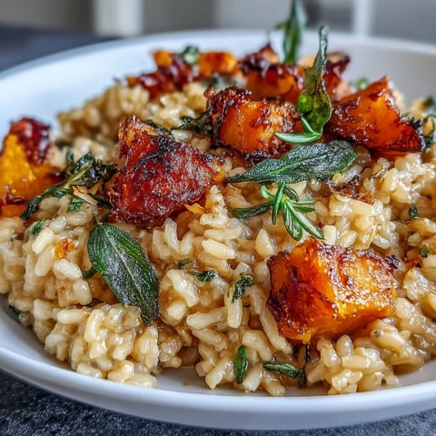 Creamy Vegan Pumpkin Risotto topped with crispy sage leaves served in a rustic white bowl.