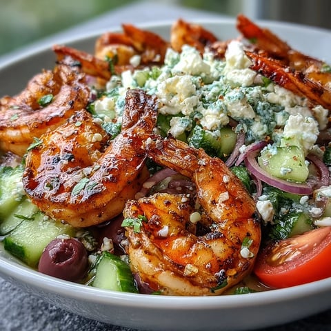 Freshly grilled Greek Shrimp Bowl topped with creamy feta, briny Kalamata olives, and zesty lemon-olive oil dressing.