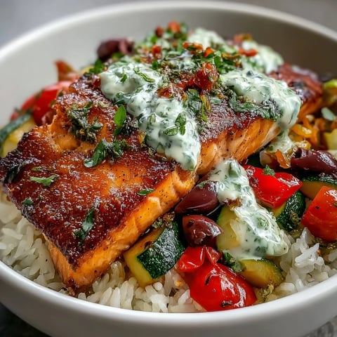 Pan-seared salmon sits atop golden crispy rice, drizzled with lemon-yogurt sauce and topped with Mediterranean vegetables in this vibrant bowl.