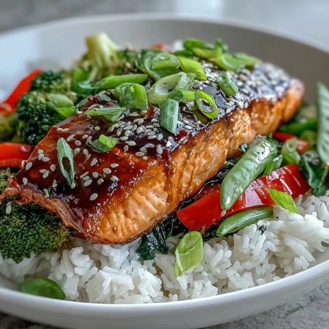 Golden-brown teriyaki salmon fillets glazed in sticky sauce over fluffy rice and colorful stir-fry vegetables.