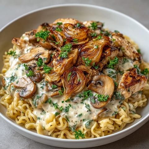 Savory mushroom stroganoff ramen recipe, ready in minutes, perfect for a quick lunch.