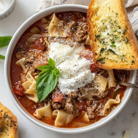 Hearty Lasagne Soup served with crispy, cheesy garlic toast for dipping.  