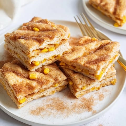 Delicious sweet corn biscuits topped with cinnamon sugar, perfect alongside morning coffee.  
