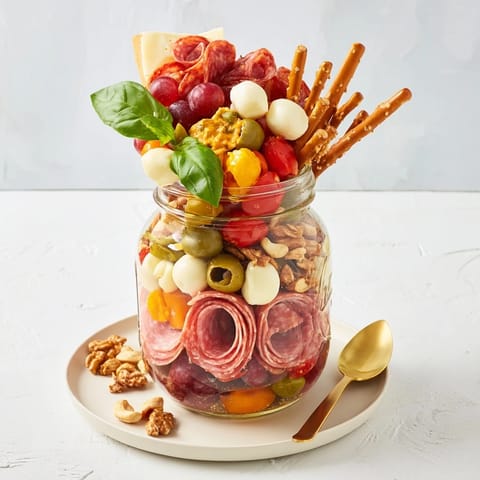 Vibrant layers in a Monster "Chaos" Charcuterie Jar showcasing delightful party snacks.  
