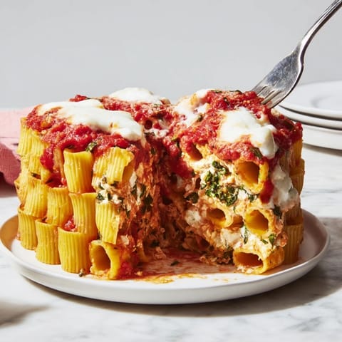 Savor the flavors of honeycomb pasta cake, bursting with rich tomato sauce layers.  