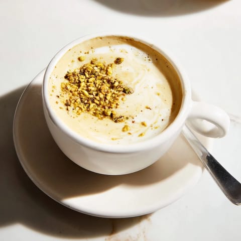 Homemade pistachio milk latte, warm and frothy, perfect for cozy coffee moments.  