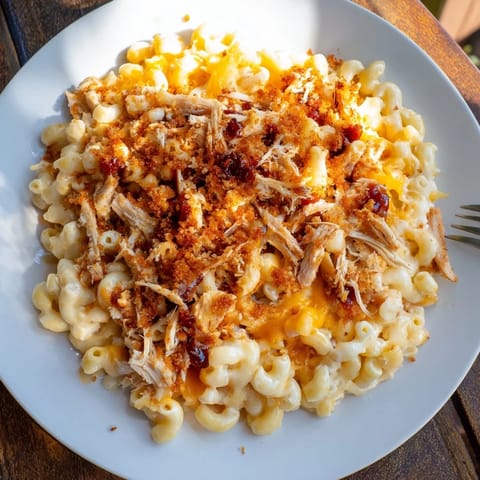Deliciously rich Classic Mac & Cheese with BBQ Chicken, perfect for family gatherings.  