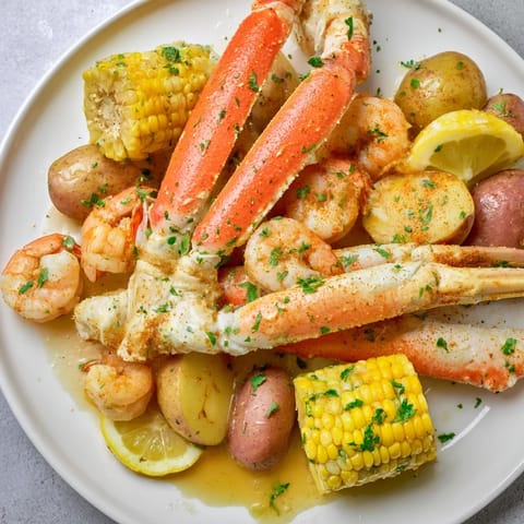 A close-up shot of the vibrant seafood boil, showcasing crab legs, shrimp, sausage, and seasoned potatoes.