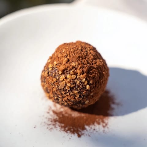 Close-up of Date & Walnut Truffles: a delicious vegan dessert, perfectly rolled and dusted.