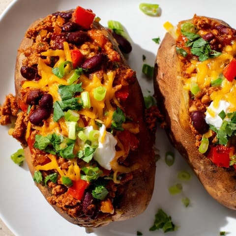 A close-up of Chili-Style Baked Potatoes: fluffy baked potatoes overflowing with hearty chili and cheese.