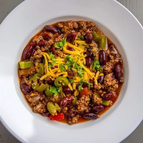 A close-up shot of a savory pot of quick chili with canned beans, ready to be served.