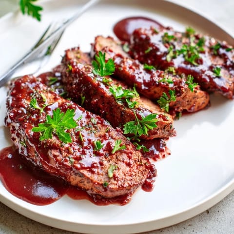 Close-up of a juicy Tart Cherry Date Glazed Pork Tenderloin, ready to be sliced and served.