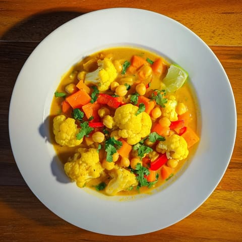 A vibrant bowl of curried cauliflower and chickpea coconut stew, perfect for a cozy vegan dinner.