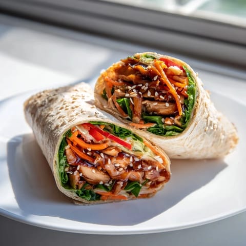 A close-up of a perfectly rolled teriyaki chicken wrap, showing off juicy chicken and fresh fillings.