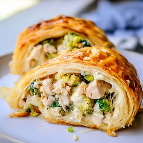 Flaky, golden-brown Creamy Chicken and Broccoli Puff Pastry Rolls, an enticing appetizer, ready to eat.