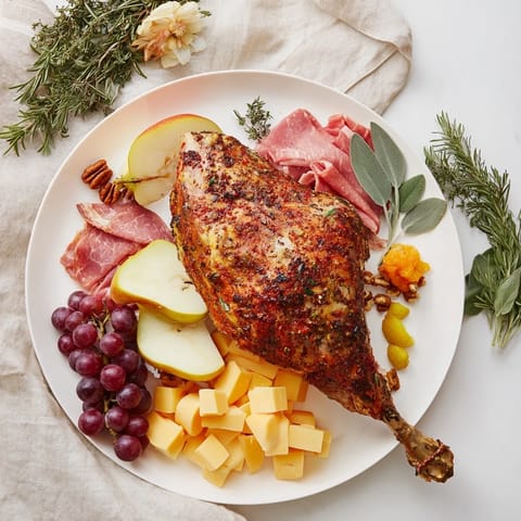 Beautiful presentation of Thanksgiving Turkey Legs Charcuterie featuring various aged cheeses and fresh rosemary.