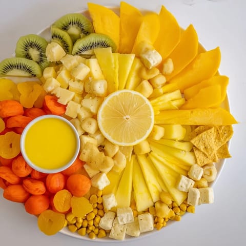 Brightly colored 57, Sunny Yellow Citrus Burst appetizer board with pineapple, mango, and yellow-hued ingredients.