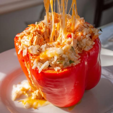 A close-up of baked Cheesy Chicken Stuffed Peppers, stuffed with savory chicken and melting cheese.
