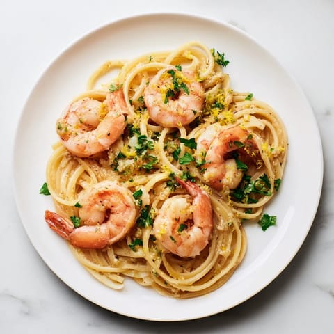 Savory Garlic Butter Shrimp Linguine served hot, garnished with parsley and a side of crusty bread.