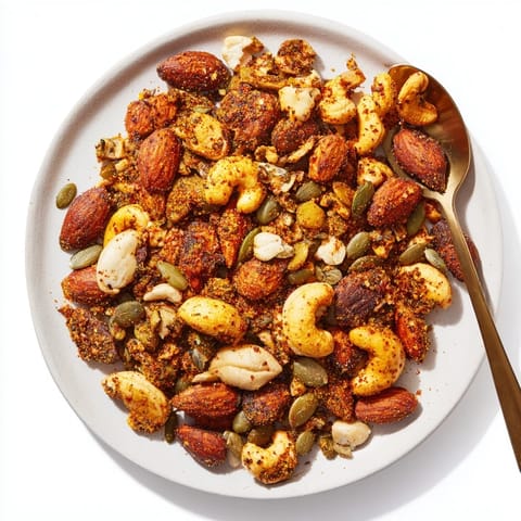 A close-up view of Spiced Nuts and Seeds Mix reveals perfectly roasted pepitas and sunflower seeds, lightly dusted with fragrant cinnamon and smoked paprika.