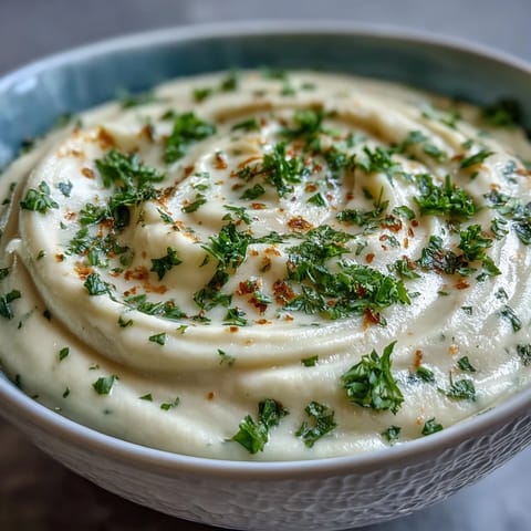 Creamy Vegetable Soup is ladled from a pot, revealing a smooth, velvety texture topped with fresh parsley.