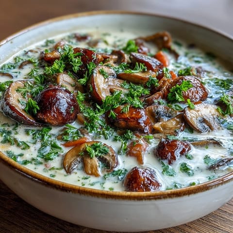 A bowl of Creamy Mushroom Stroganoff Soup paired with crusty bread for dipping.