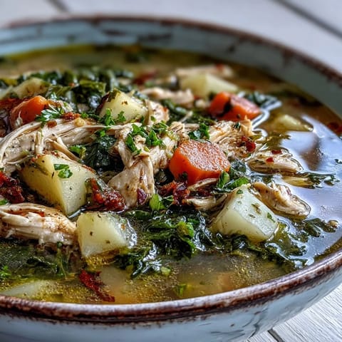 Steaming bowl of Collard Greens, Chicken and Vegetable Soup garnished with fresh herbs.