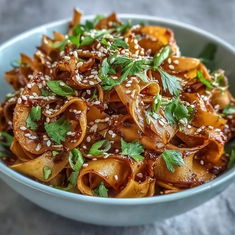 Garnished with fresh cilantro and toasted sesame seeds, this vibrant vegan gochujang swede noodles dish shines.