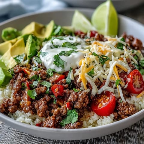 Fresh lime wedges rest beside creamy avocado and shredded cheese in this vibrant Low Carb Burrito Bowl.