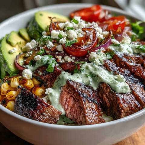 Tender steak strips, golden roasted corn, and sliced avocado rest on fluffy rice, garnished with Cotija cheese and fresh cilantro leaves for a fresh Tex-Mex meal.