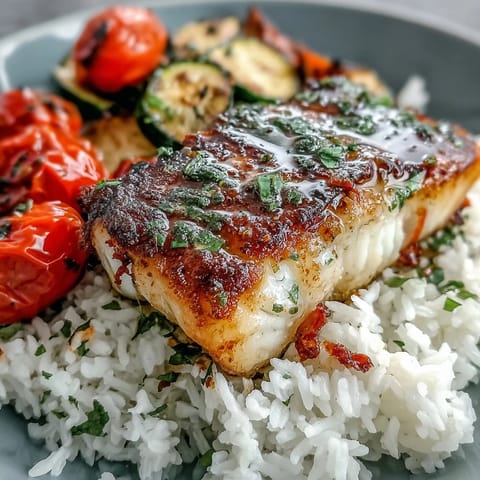 A vibrant Pan-Seared Fish Bowl with golden-brown cod fillets, colorful roasted vegetables, and a generous pour of zesty lemon sauce over the rice, ready to serve.