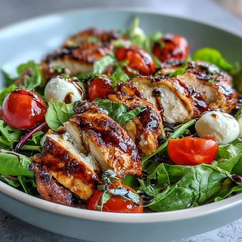 A close-up of the Caprese Chicken Bowl, highlighting juicy grilled chicken, creamy mozzarella, and vibrant cherry tomatoes garnished with fresh basil leaves.