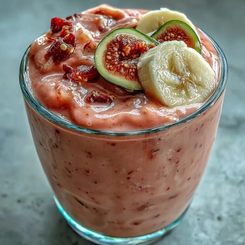 Blended Guava Banana Smoothie with ice cubes for a refreshing, tropical flavor, poured into a clear drinking glass.