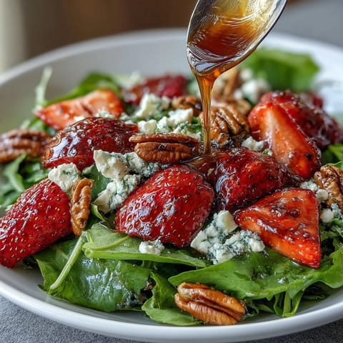 Fresh strawberry arugula salad with creamy goat cheese and balsamic glaze, perfect for spring dinner parties.  