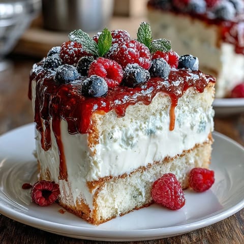 Fluffy vanilla sheet cake layered with tangy lemon curd and whipped cream frosting, decorated with berries.  