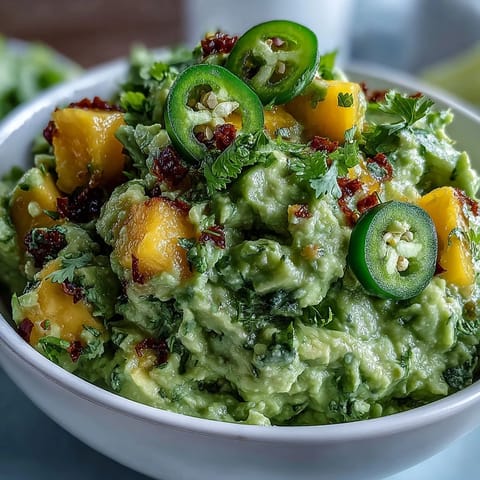 Vibrant guacamole with sweet mango chunks and spicy jalapeño, perfect for Cinco de Mayo parties or game day snacks.