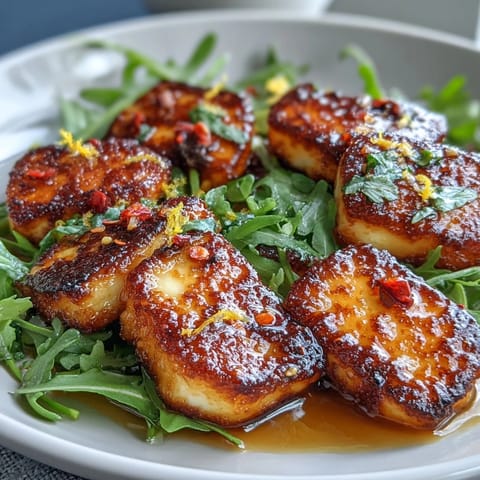 Pan-seared halloumi cheese with a glossy, spicy honey glaze, paired with fresh arugula—an irresistible Mediterranean-inspired starter or light lunch.