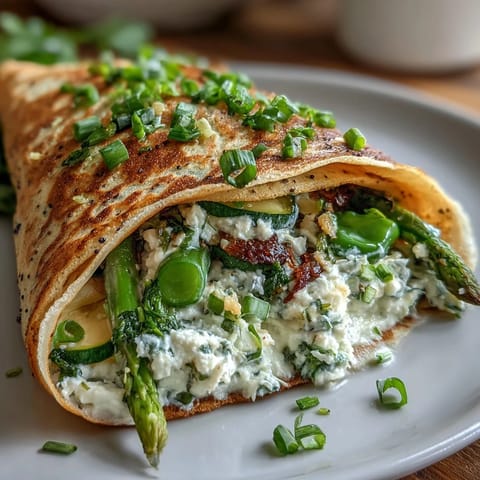 Savory crepes showcase a medley of sautéed asparagus, snap peas, and zucchini wrapped in tender buckwheat pancakes.