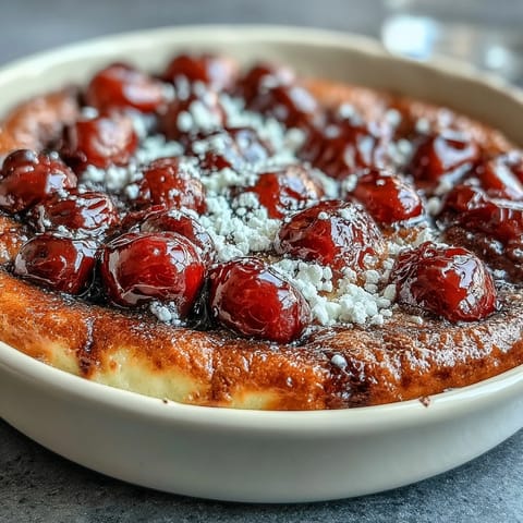 Golden-brown Fresh Cherry Clafoutis with Vanilla Bean, dusted with powdered sugar.