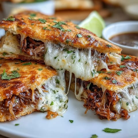 Cheesy Cinco de Mayo Birria Quesadillas with rich consommé dip.