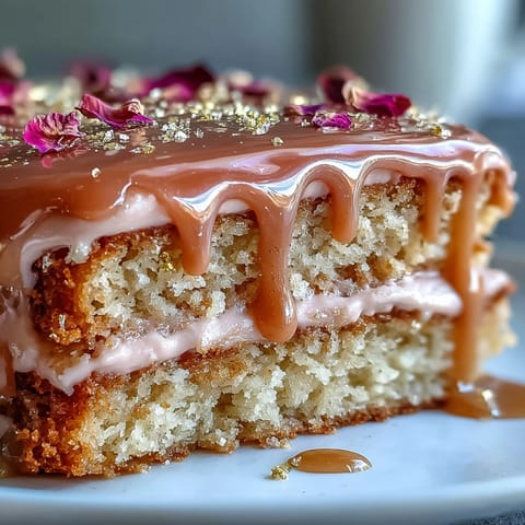 Bridal Shower Rosé Velvet Cake with Gold Drip: Elegant pink velvet cake infused with rosé wine, finished with shimmering edible gold drip.