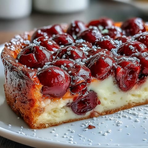 Fresh Cherry Clafoutis with Vanilla Bean, a baked French custard bursting with sweet, juicy cherries.