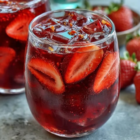 Luscious Juneteenth Red Drink: Hibiscus Strawberry Lemonade, garnished with fresh fruit.