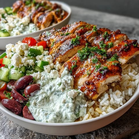 Juicy Greek Chicken Bowls with creamy tzatziki and hummus, a fresh, vibrant meal.