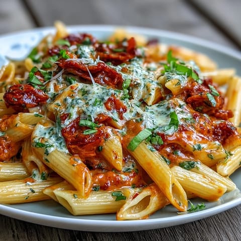 Velvety Creamy Tomato Basil Pasta dish with fresh basil garnish.